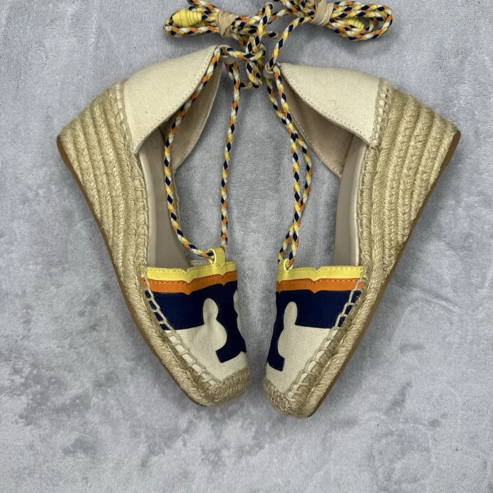Tory Burch Laguna 60 Espadrille Wedge Sandals Women's 5M Ivory Navy Orange
